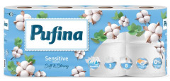 Toaletn papier, 3 vrstvov, mal rolka, 8 roliek, PUFINA "Sensitive Aquabond", bez vne