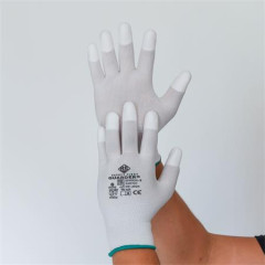 Ochrann� rukavice, s karb�nov�m vl�knom, kon�eky prstov potiahnut� PU, ve�kos� XS, bielo-siv�