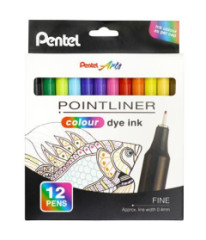Liner, sada, 0,4 mm, PENTEL "Pointliner", 12 rznych farieb